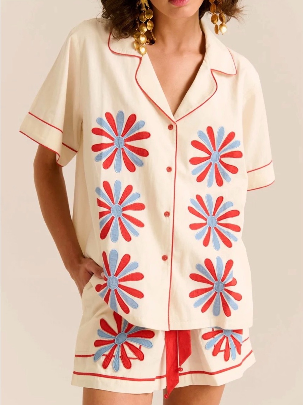 Cream Button-Down Shirt with Red & Blue Floral Embroidery
